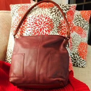 Sundance Cranberry And Brown Leather Hobo Shoulder Bag With Brown Woven Strap